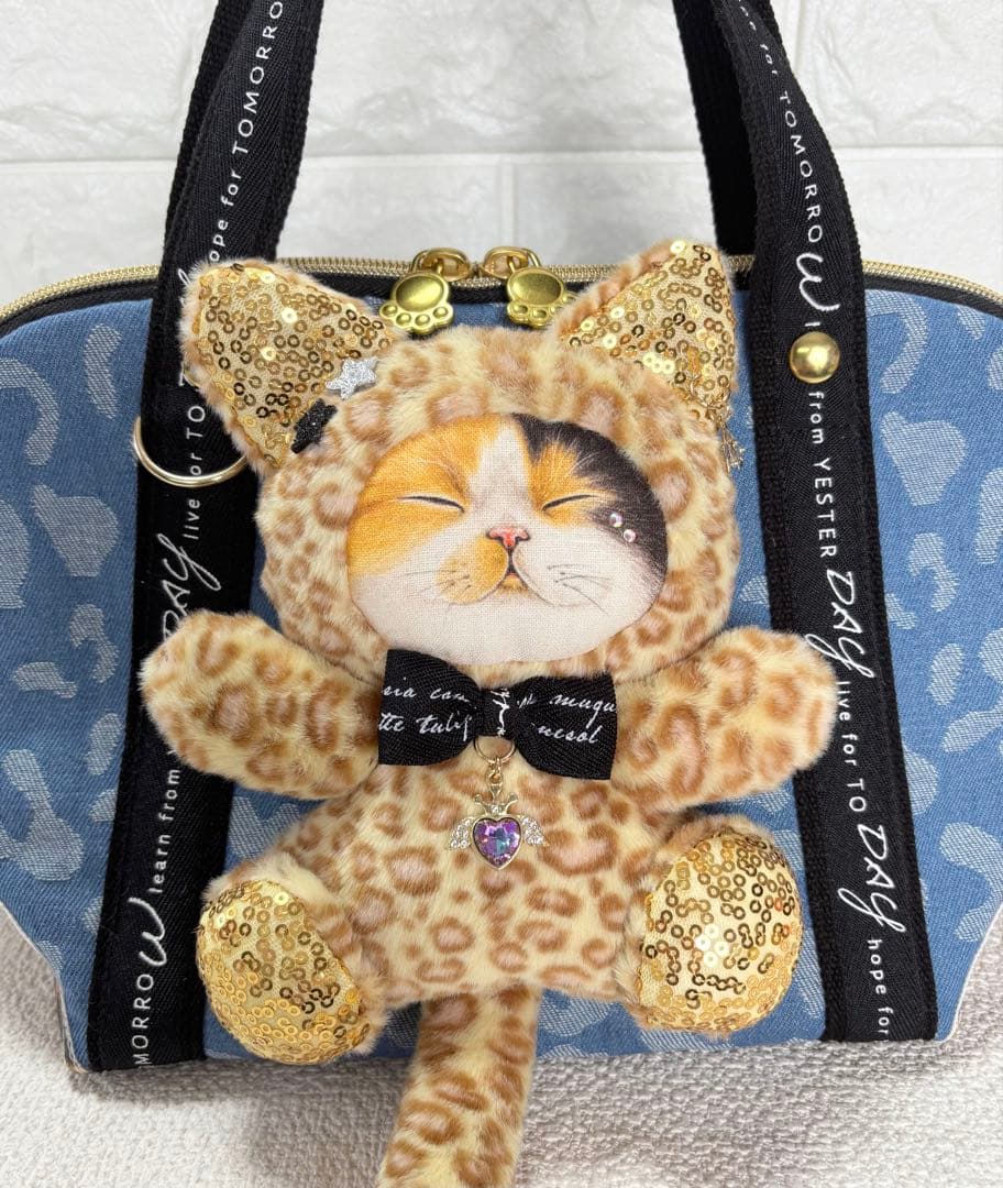黒*こ様 コヤンイサムチョン　シェル型バッグ　ヒョウ柄ねこちゃん　ヒョウ柄デニム