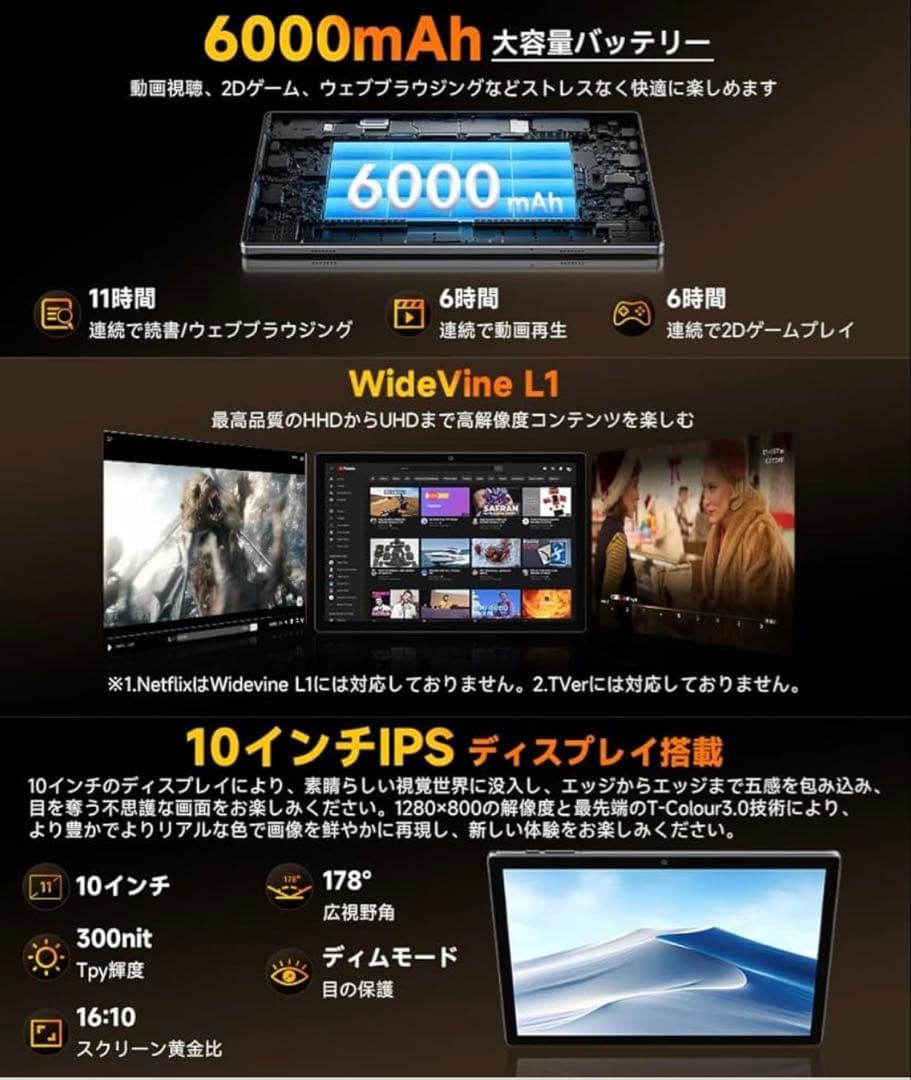 Android 16 タブレット 10.1インチ 24GB RAM+64GB