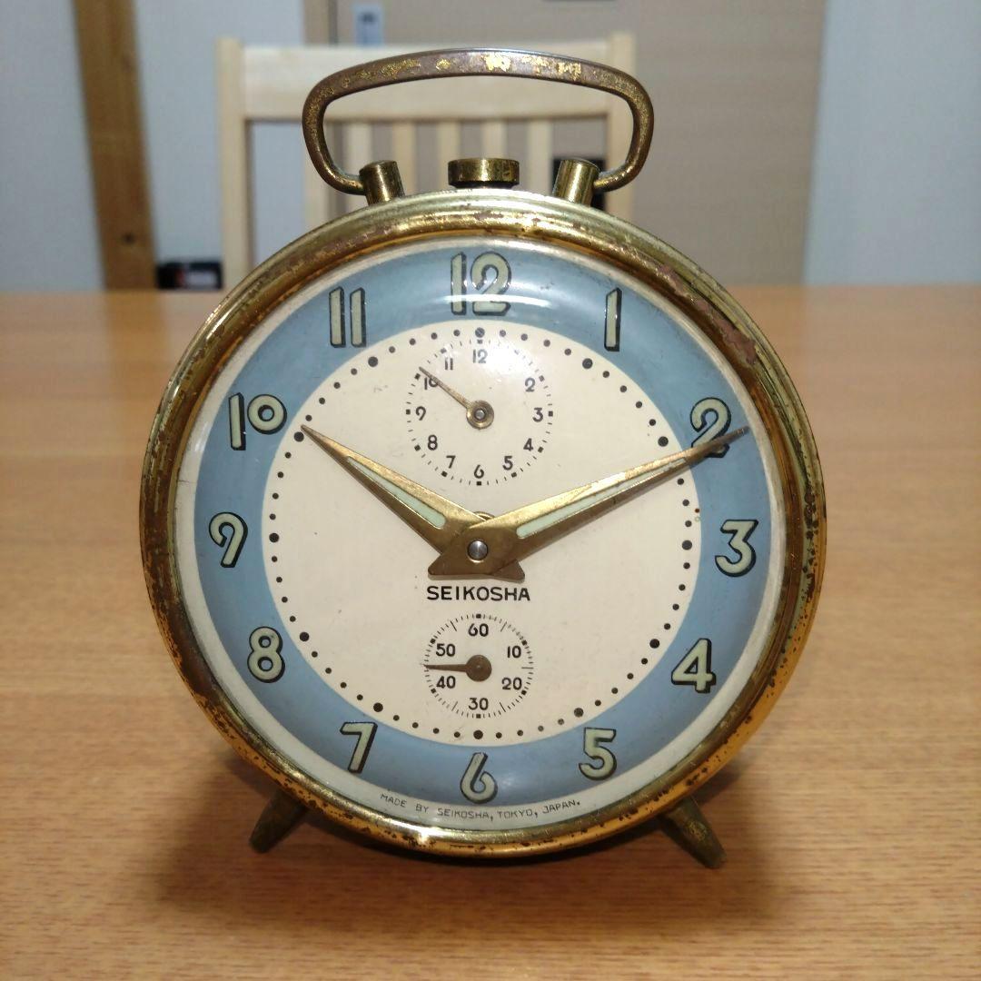 ◆昭和レトロ◆時代物◆ビンテージ◆精工舎◆目覚まし時計◆ゼンマイ式◆水色と金色