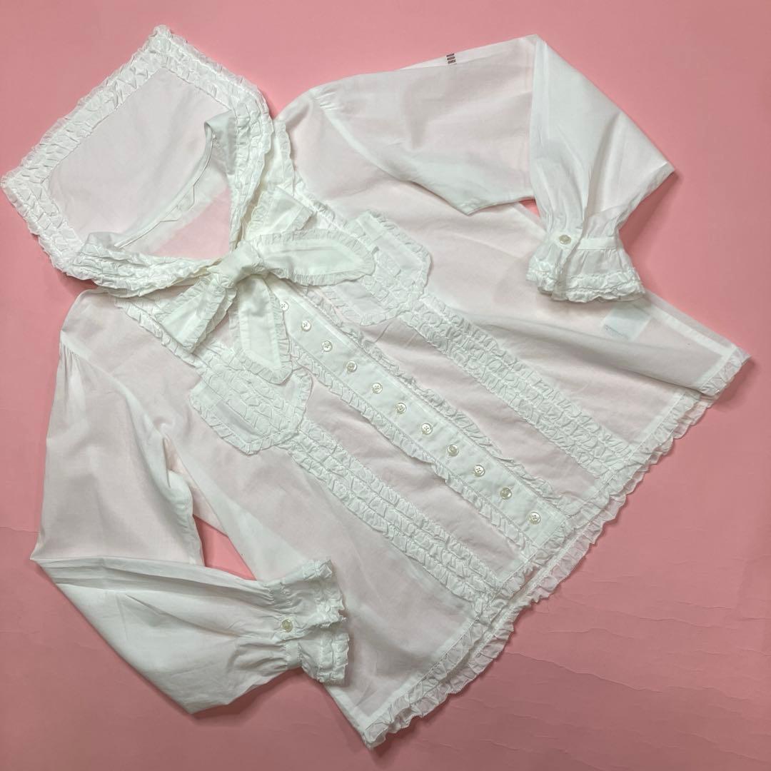 ピンクハウス 白 ピコフリル使い サッシュリボン付き 綿ローンセーラーブラウス