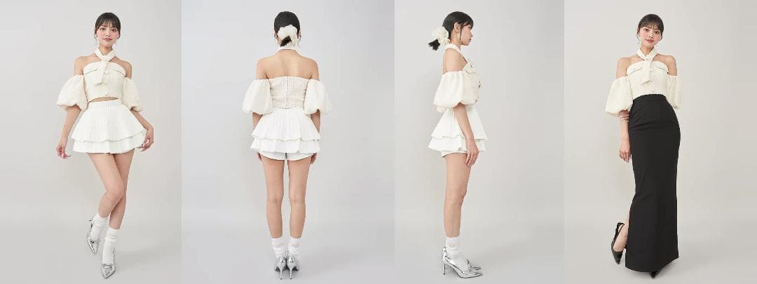 ダーリッチ darich ホルターネックオフショルツイードトップス サックス