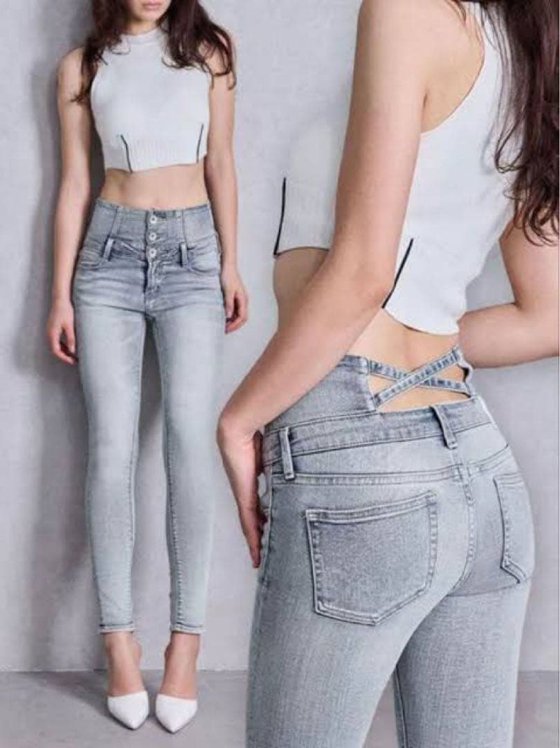 ハイウエストウエストクロススキニーデニムパンツライトグレーGYDA