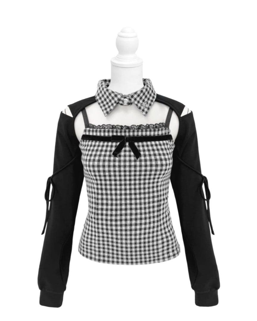 HONEYMEW ハニーミュウ リボンスリットギンガムアンサンブルトップス