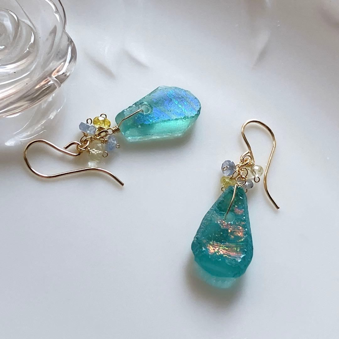 Kaya◆希少ローマングラスピアス✧マルチカラーサファイア/レモンクォーツ