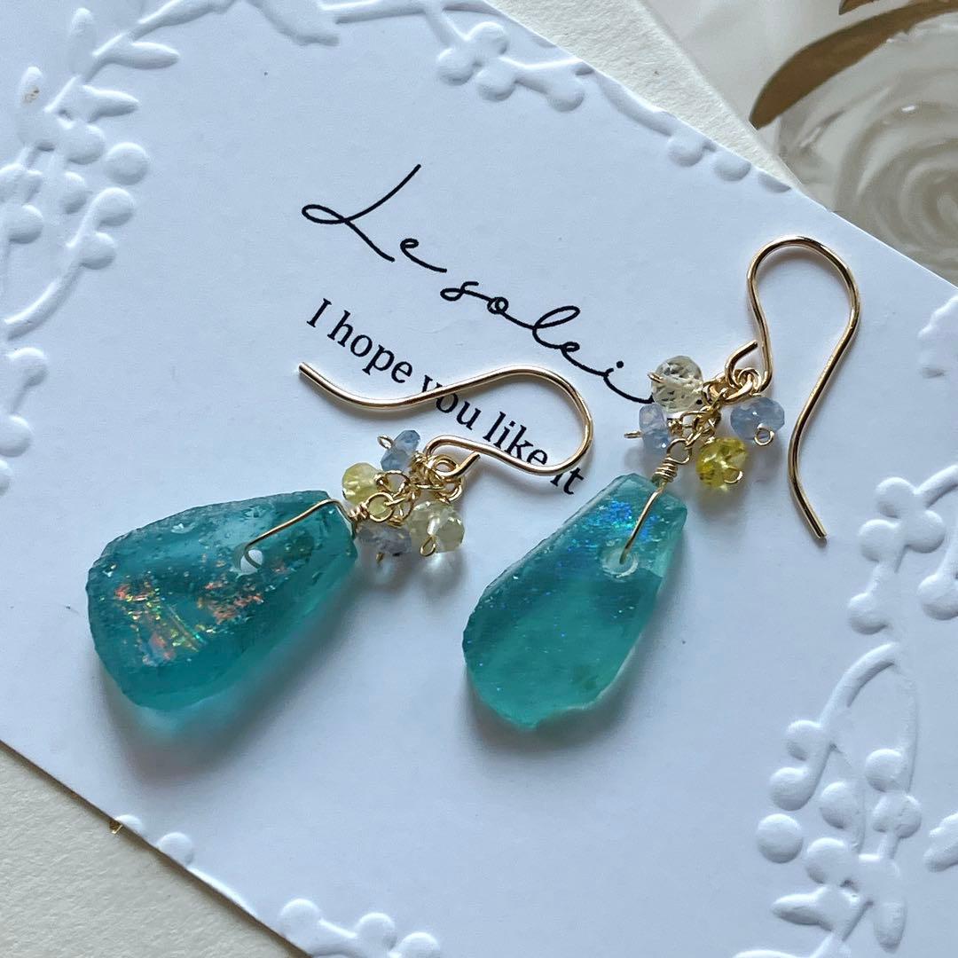 Kaya◆希少ローマングラスピアス✧マルチカラーサファイア/レモンクォーツ