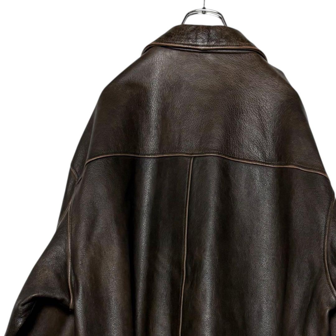 古着 本革レザージャケット 茶色 XL ジップアップ ブルゾン ブラウン革ジャン