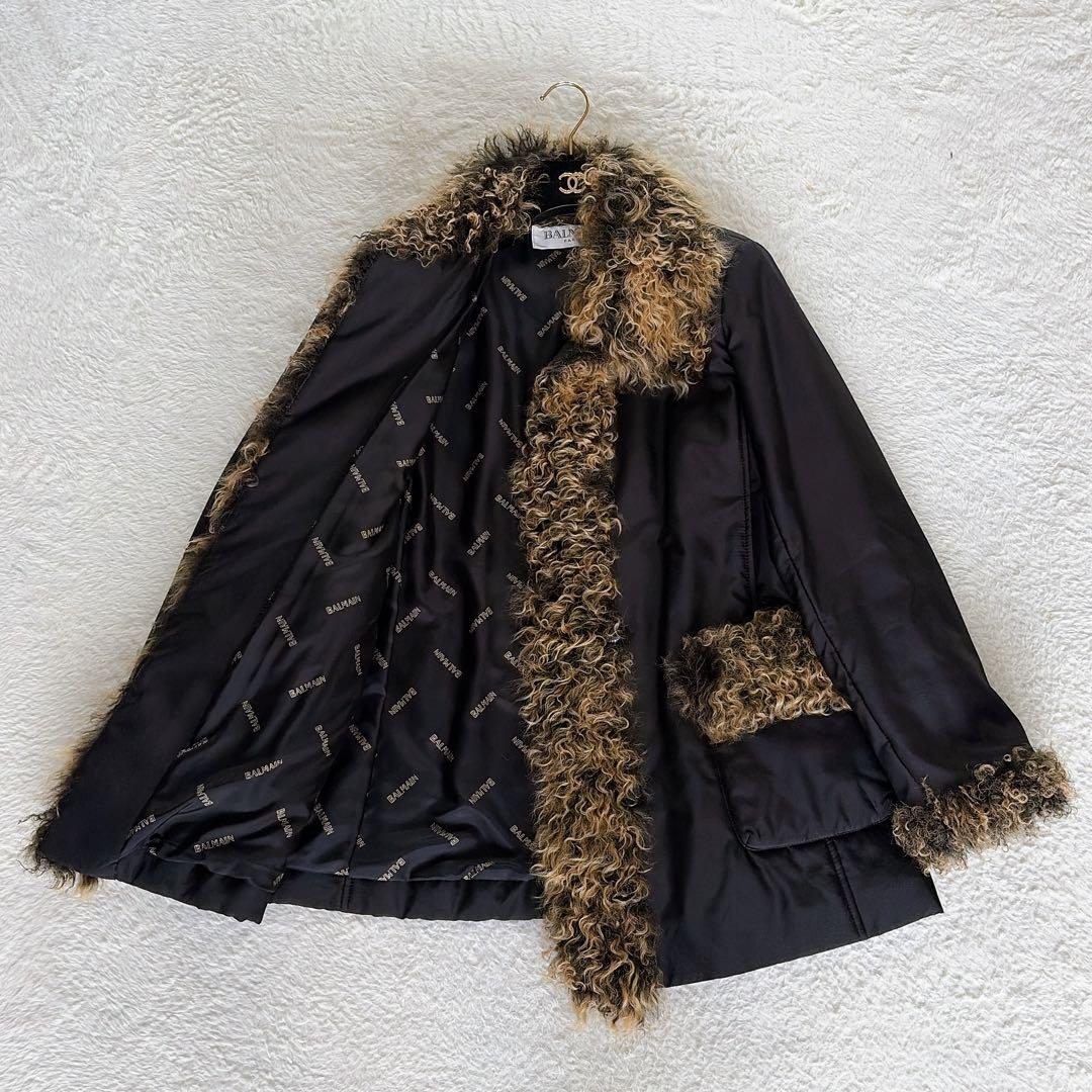 美品✨【バルマン】チベットラムファー シルク100% 中綿コート ブラック 38