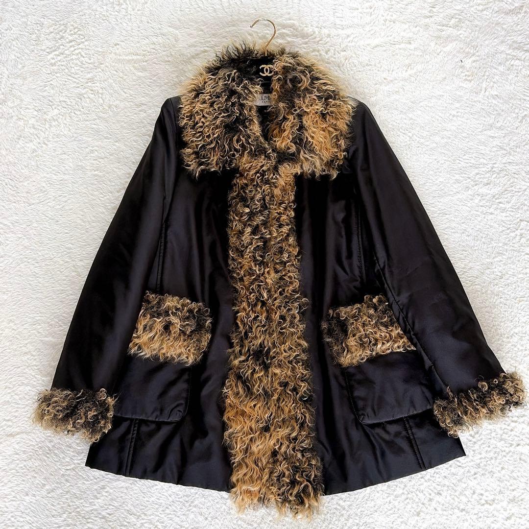 美品✨【バルマン】チベットラムファー シルク100% 中綿コート ブラック 38