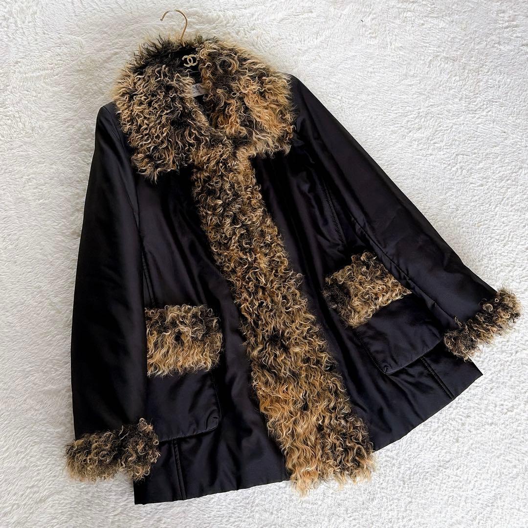 美品✨【バルマン】チベットラムファー シルク100% 中綿コート ブラック 38