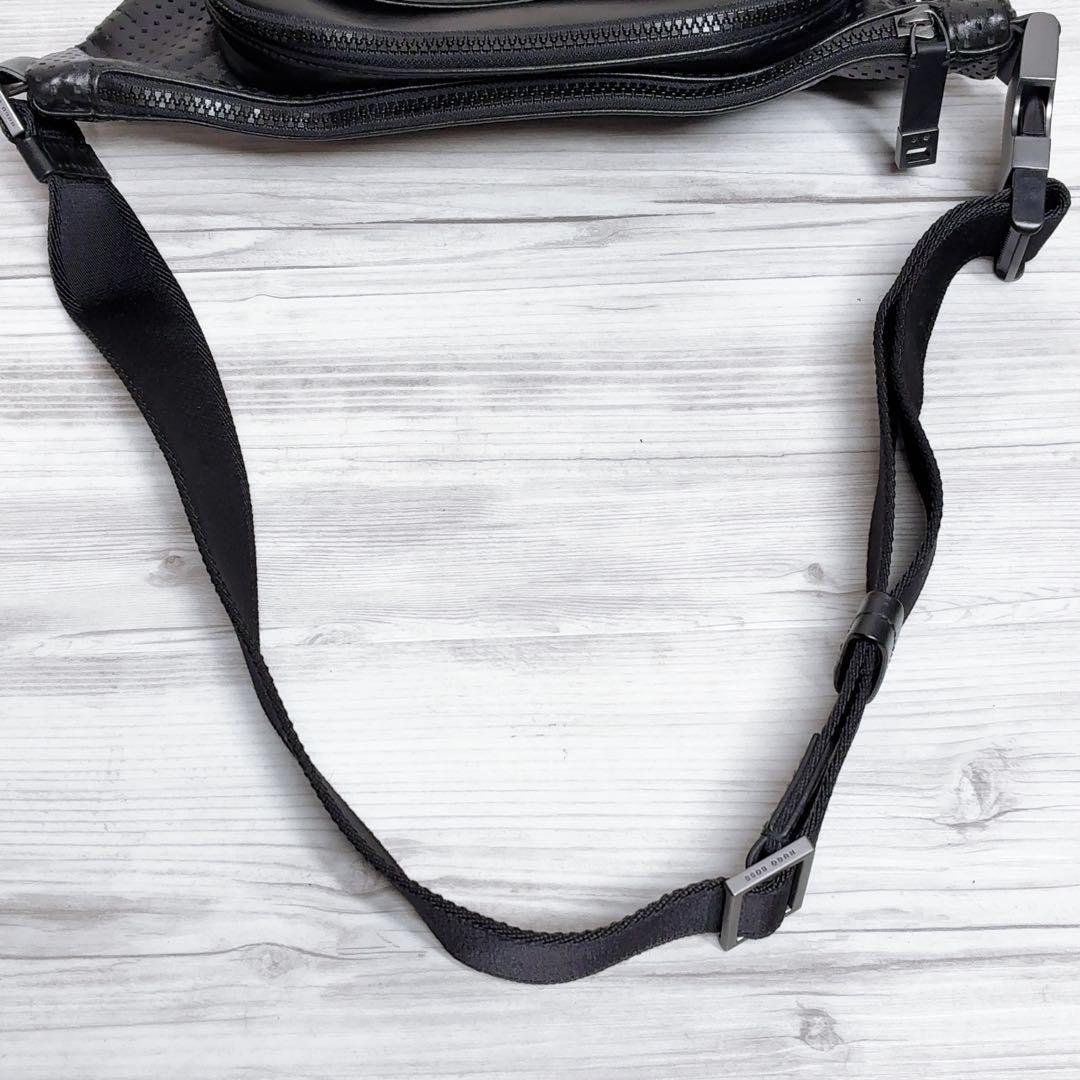 【HUGO BOSS】 ボディバッグ 本革 ウエストバッグ 黒 ブラック 肩掛け