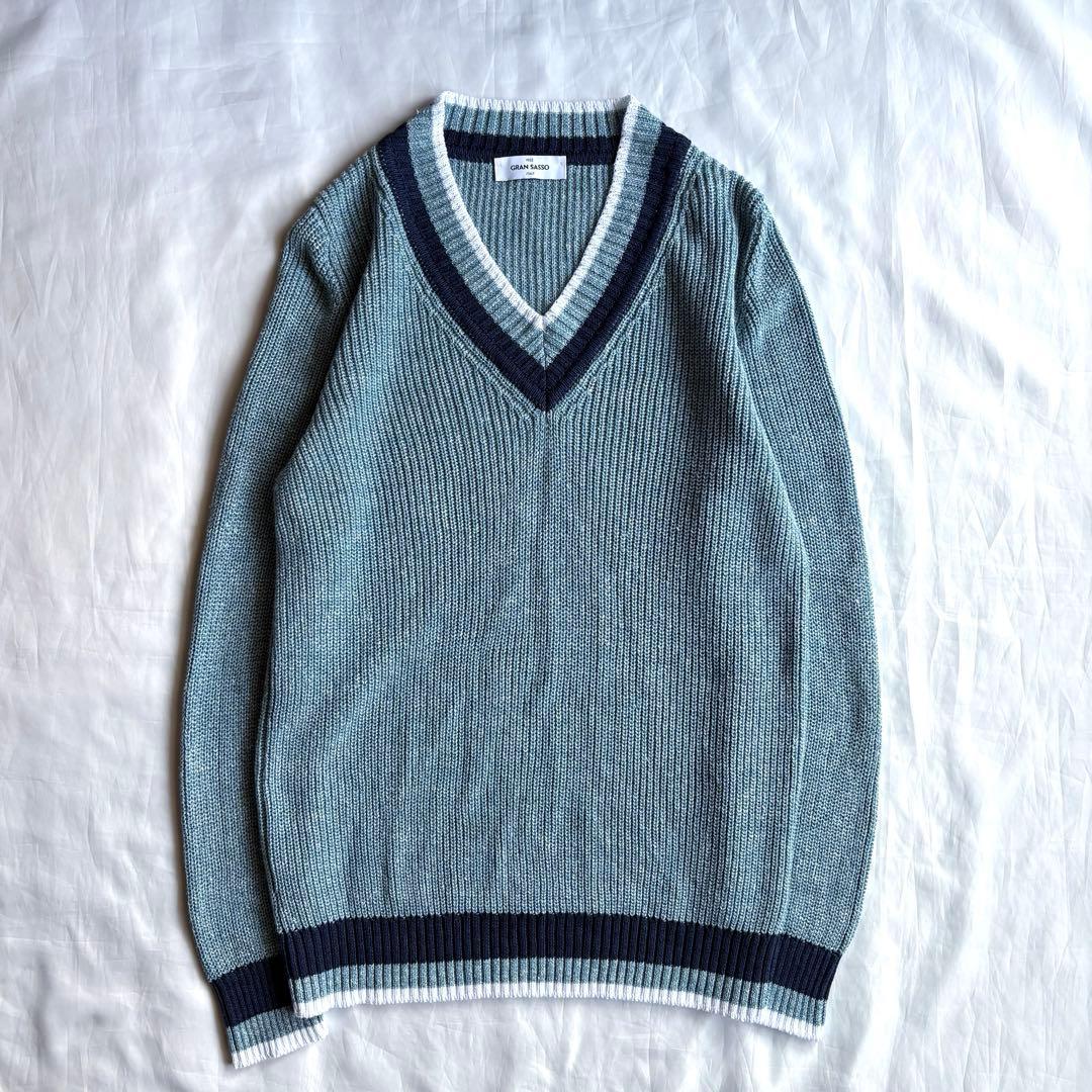 GRAN SASSO イタリア製 ミドルゲージ リネン コットン Vネックニット
