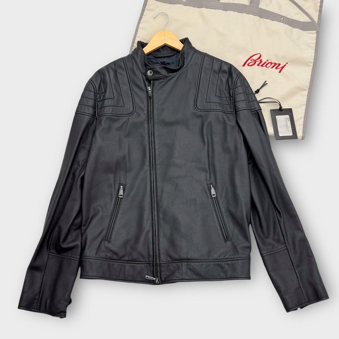 極美品 Brioni バイカーブルゾン レザージャケット 56サイズ ネイビー