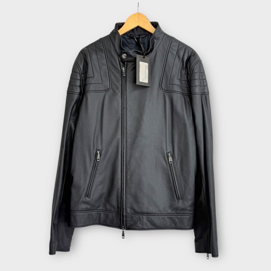 極美品 Brioni バイカーブルゾン レザージャケット 56サイズ ネイビー