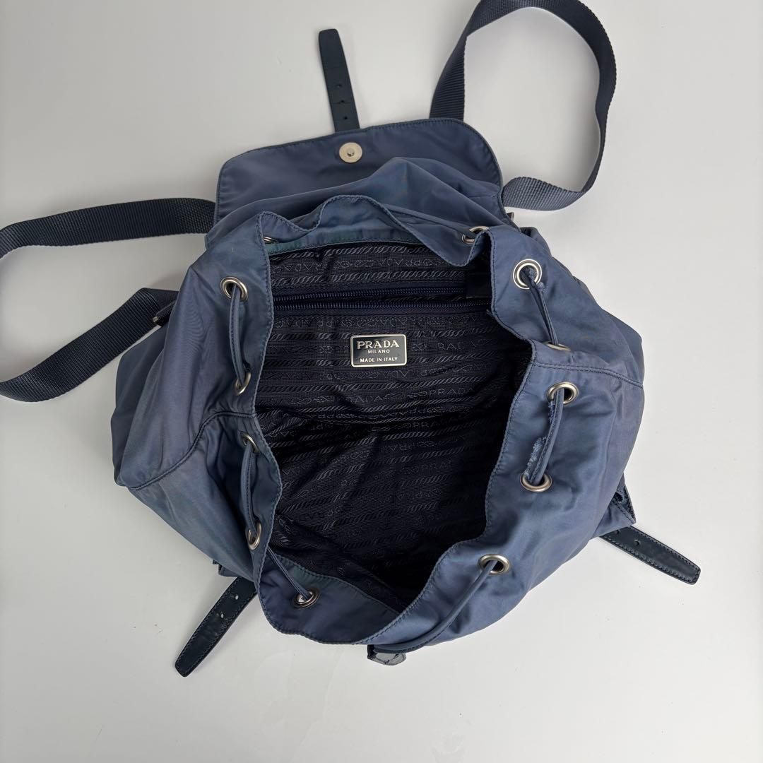 美品 PRADA プラダ リュック 三角ロゴプレート ナイロン レザー ブルー