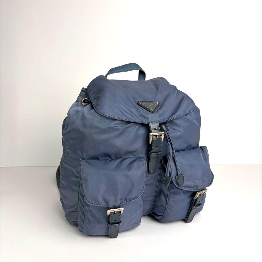 美品 PRADA プラダ リュック 三角ロゴプレート ナイロン レザー ブルー