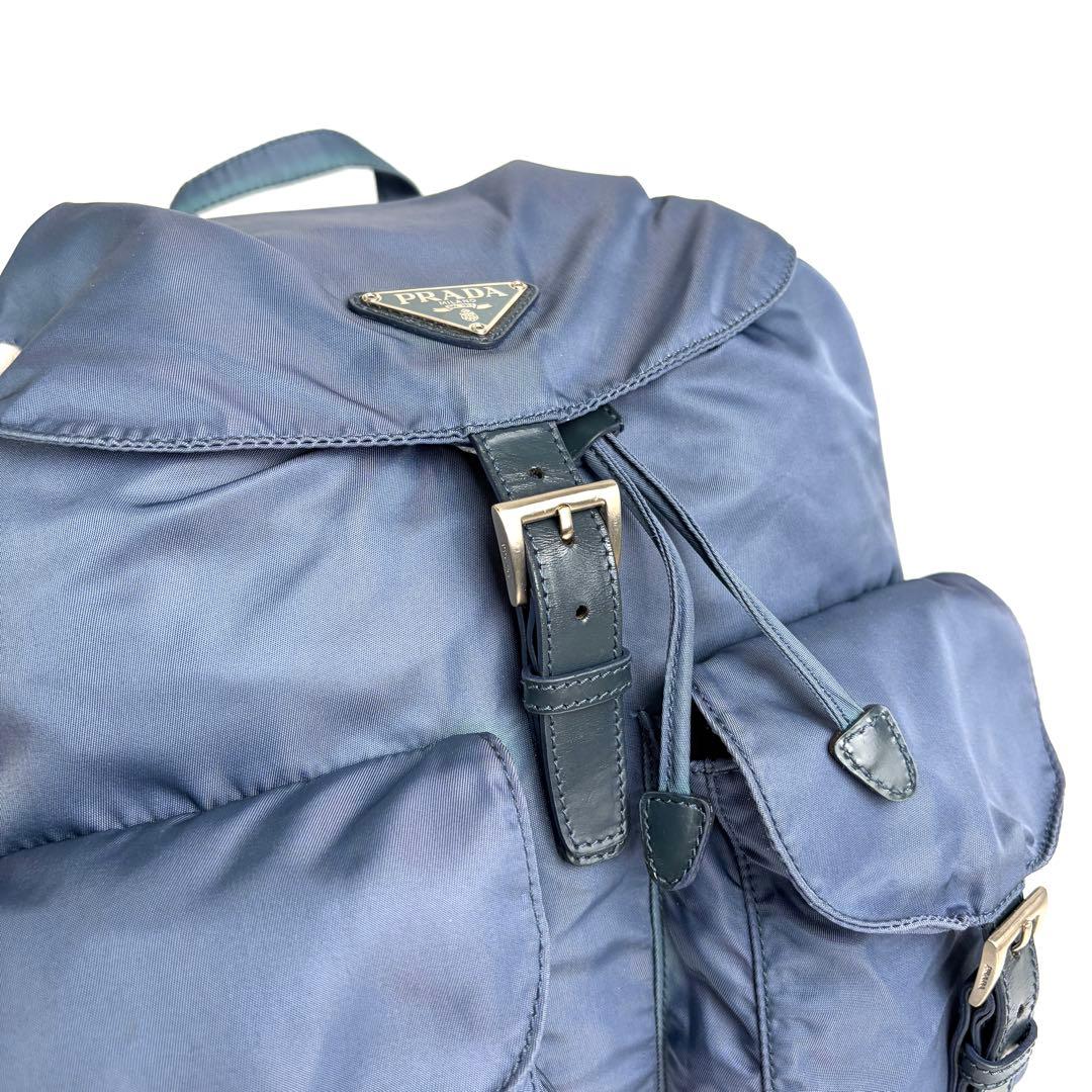 美品 PRADA プラダ リュック 三角ロゴプレート ナイロン レザー ブルー