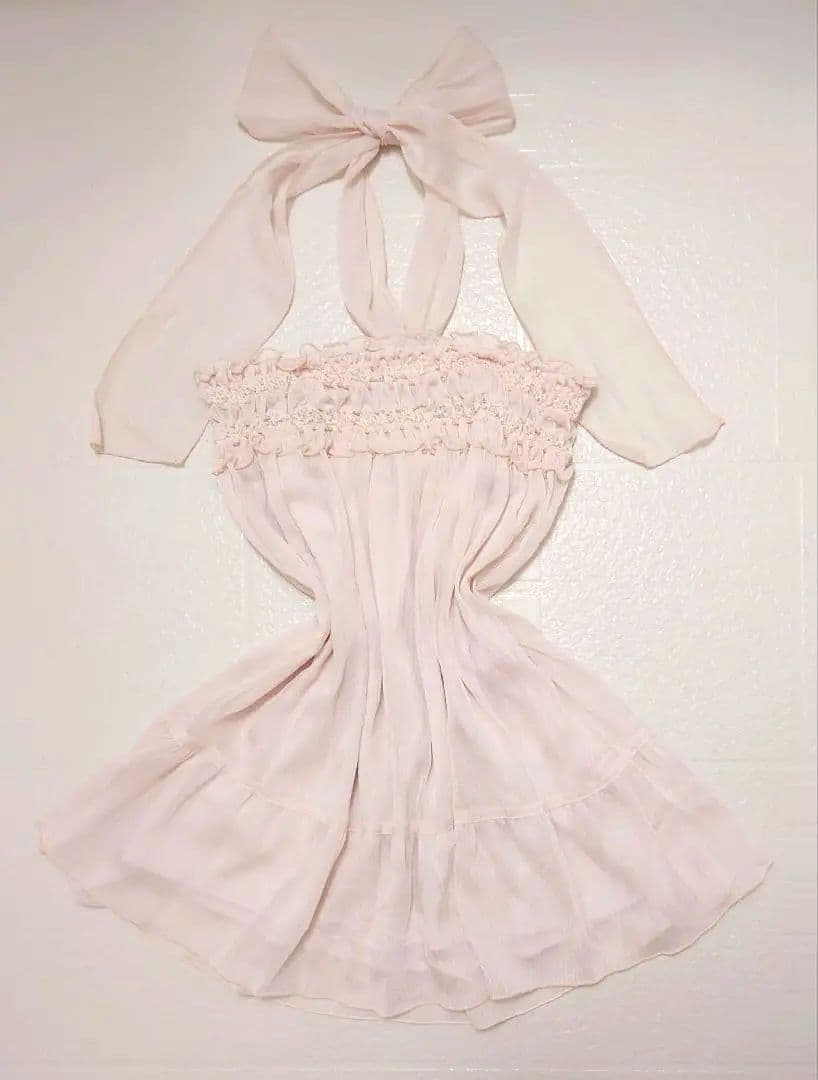 リボン付きキャミソール ホルターネック ピンク シフォン