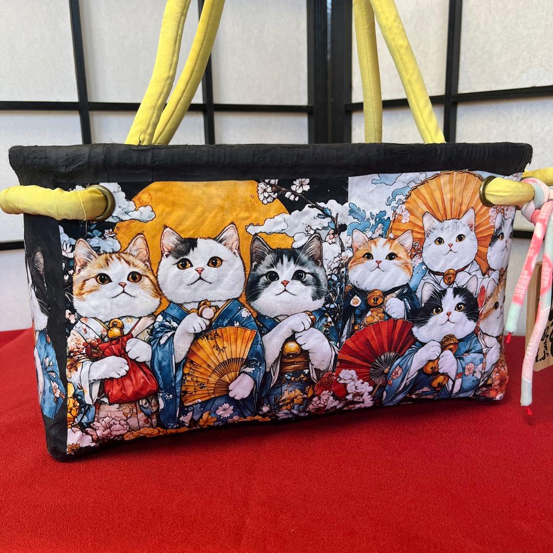 猫がいっぱい 一閑張り バッグ かごバッグ ハンドバッグ 和柄 猫 横長大きめ