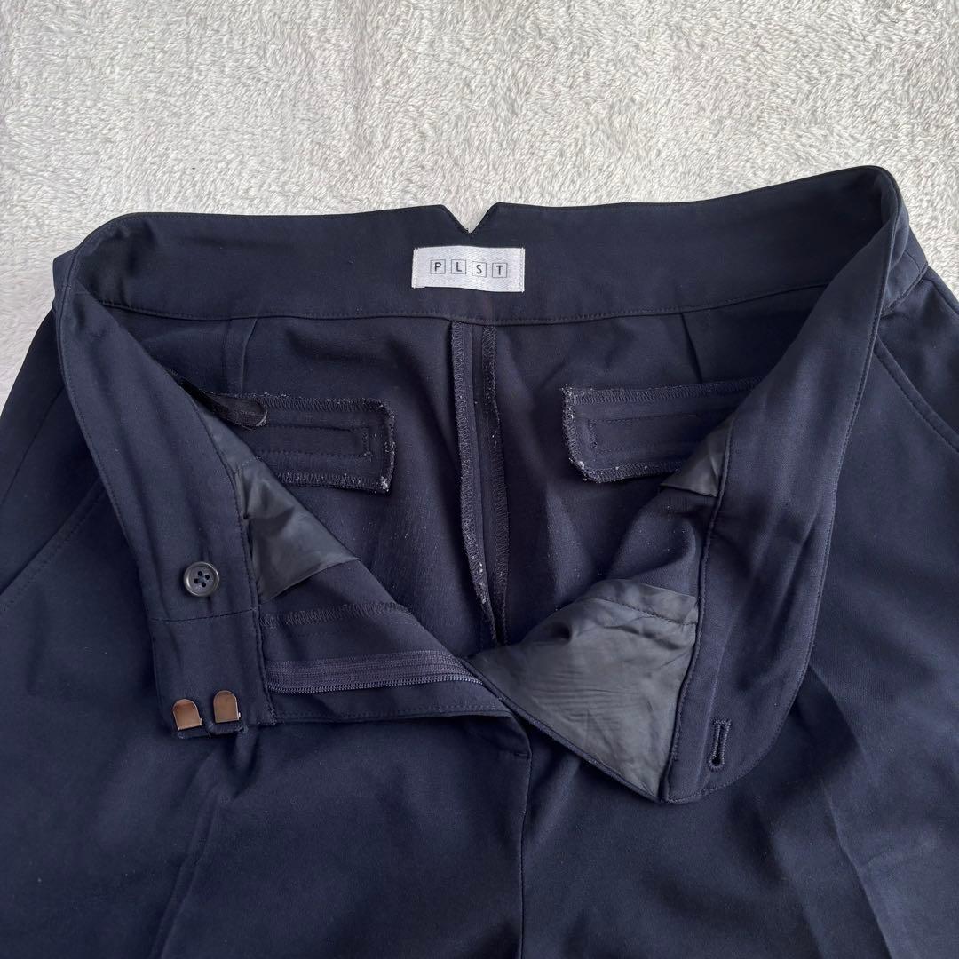 PLST プラステ パンツスーツ ノーカラー ネイビー L 伸縮性 紺色