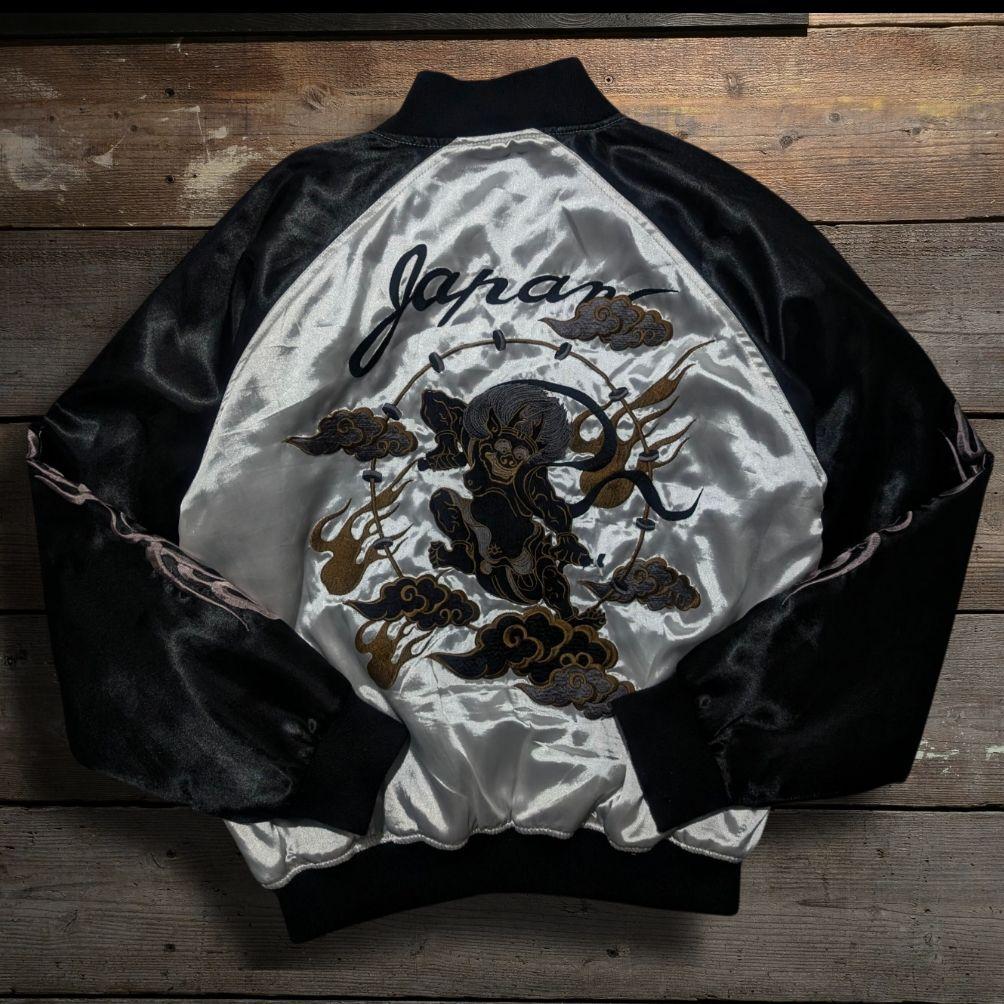 90s　ビンテージ　サテン　スカジャン　和柄　風神雷神　アーム刺繍　シルバー　黒