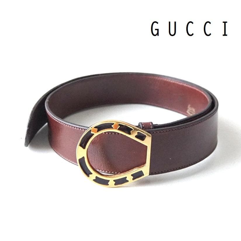 モカ様GUCCI オールドグッチ ホースシュー ピンバックル レザーベルト 85