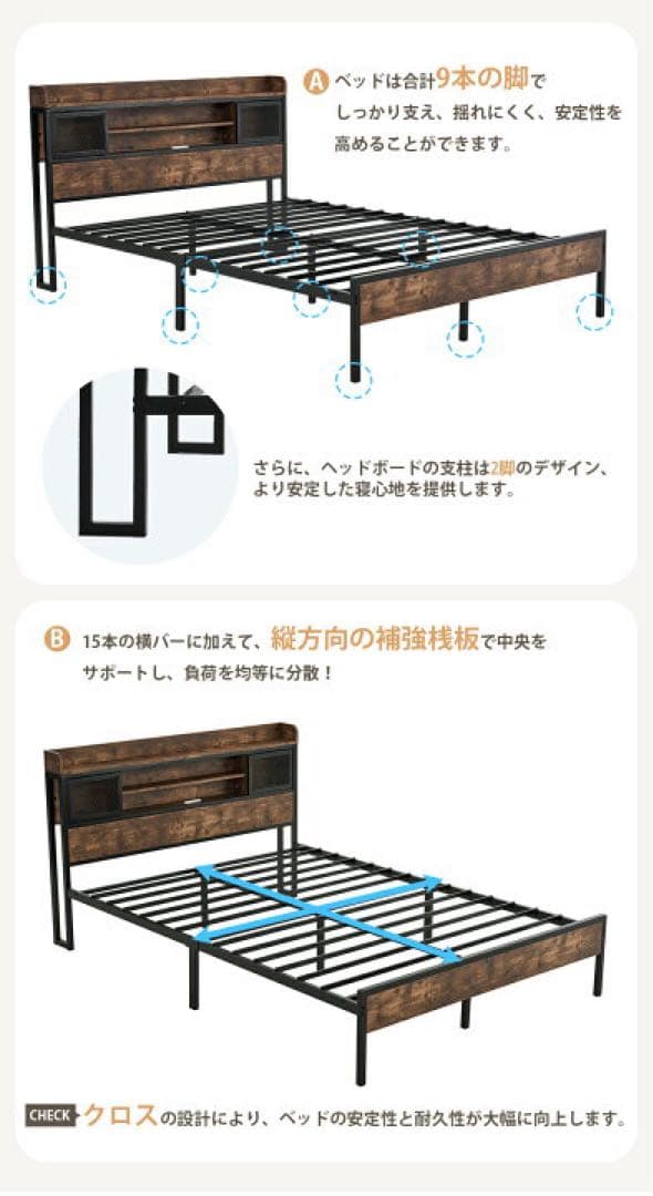 【新品・未開封】ベッドフレーム セミダブル ブラック 木製 パイプベッド #1