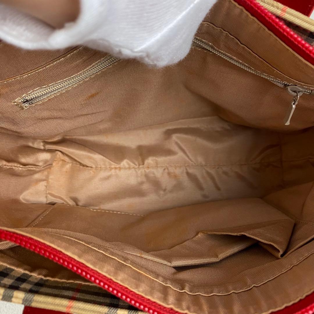 【定番人気】バーバリー ハンドバッグ キャンバス ノバチェック レッド チャーム