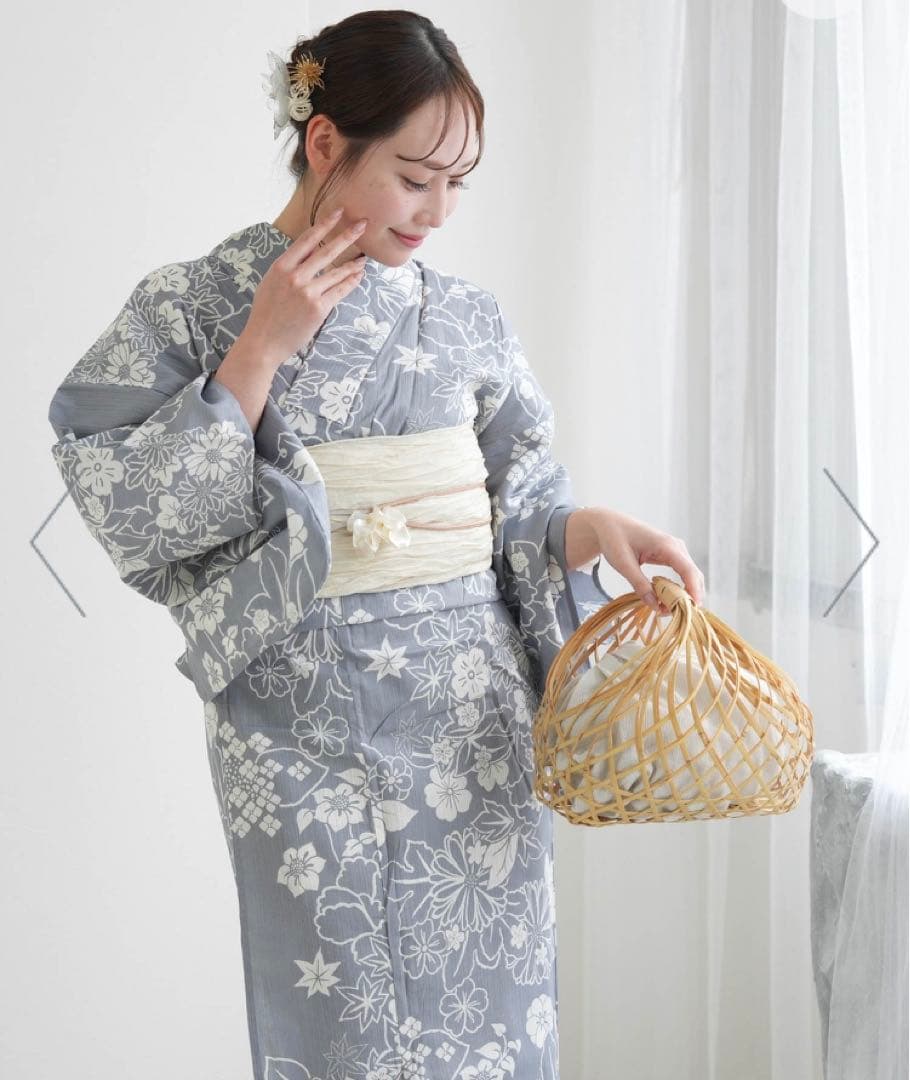 【新品】utatane 高級変わり織 浴衣3点セット 上品グレーの古典花