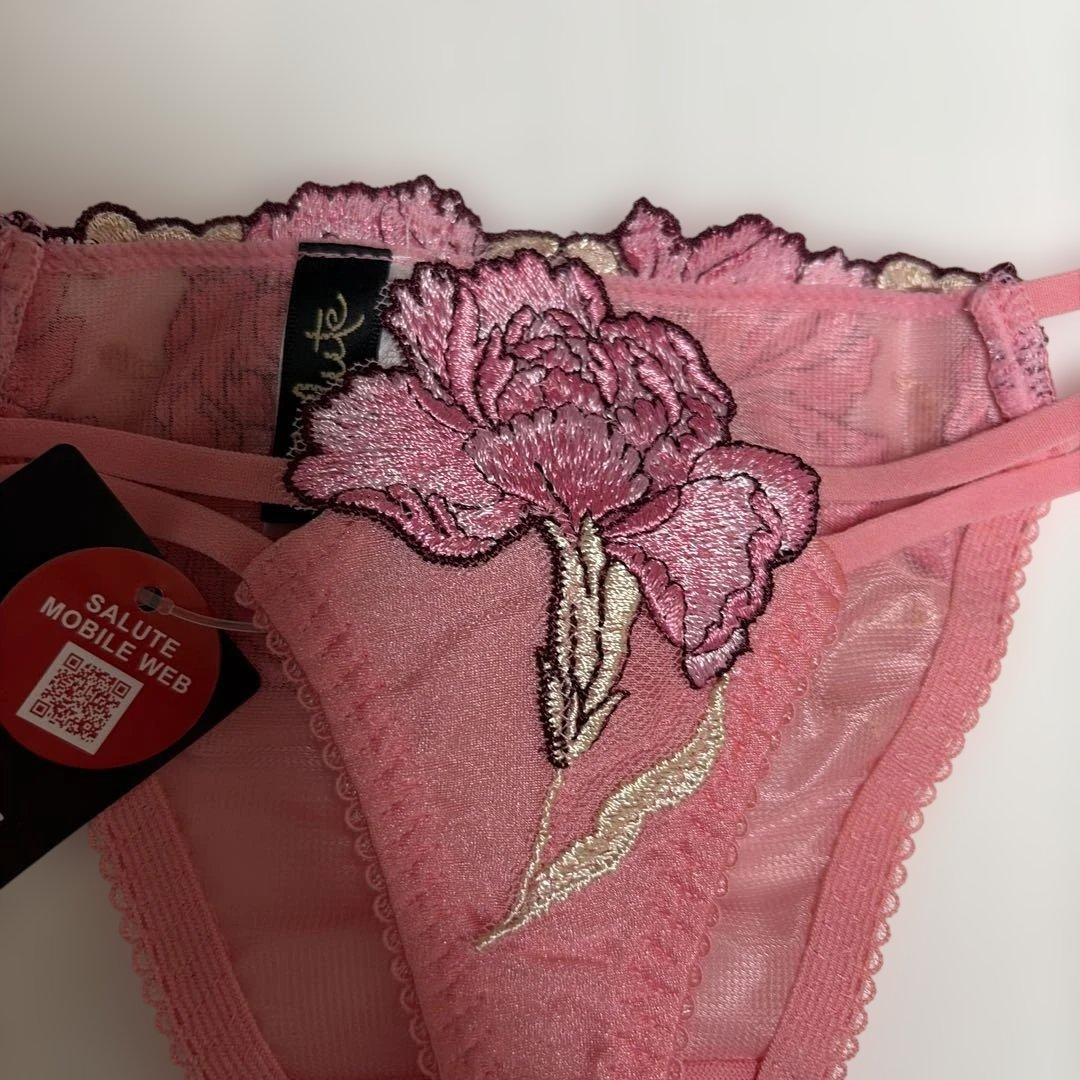 サルートピンク 花柄刺繍 ブラジャーショーツガーターセットC80/M