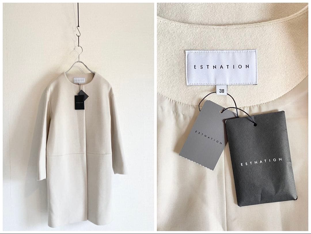未使用タグ付 ESTNATION ウールビーバー ノーカラーコート アイボリー