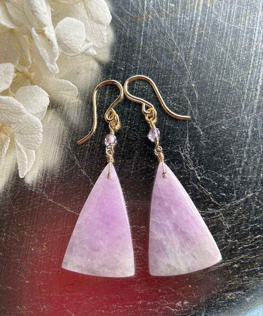 クンツァイト ＆アメジストのピアス　14kgf