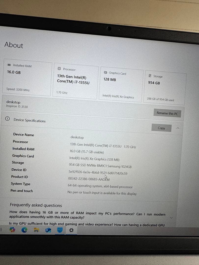 Windowsノート本体 DELL Intel Core i7 16GB RAM 512GB SSD