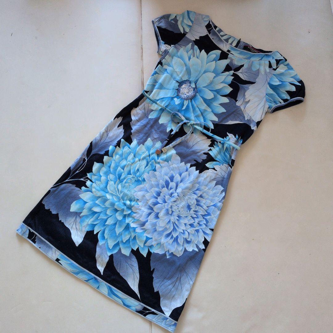 超*離様 Leonard 青黒花柄 半袖ワンピース L