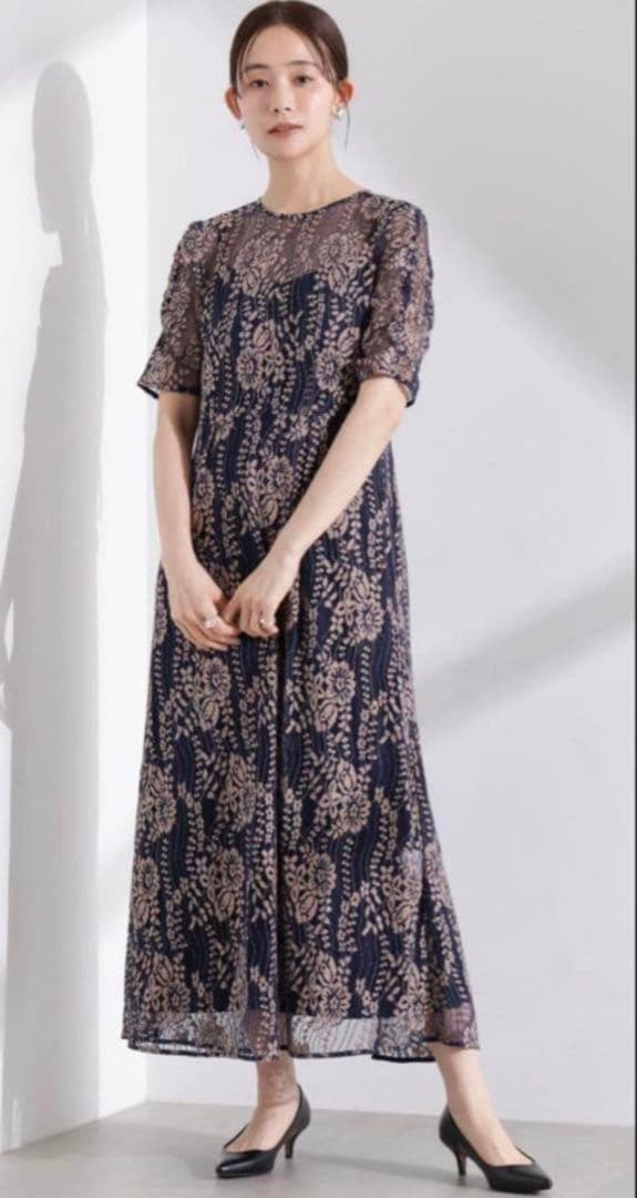 新品 Kaene 配色レースエプロンワンピース ネイビー