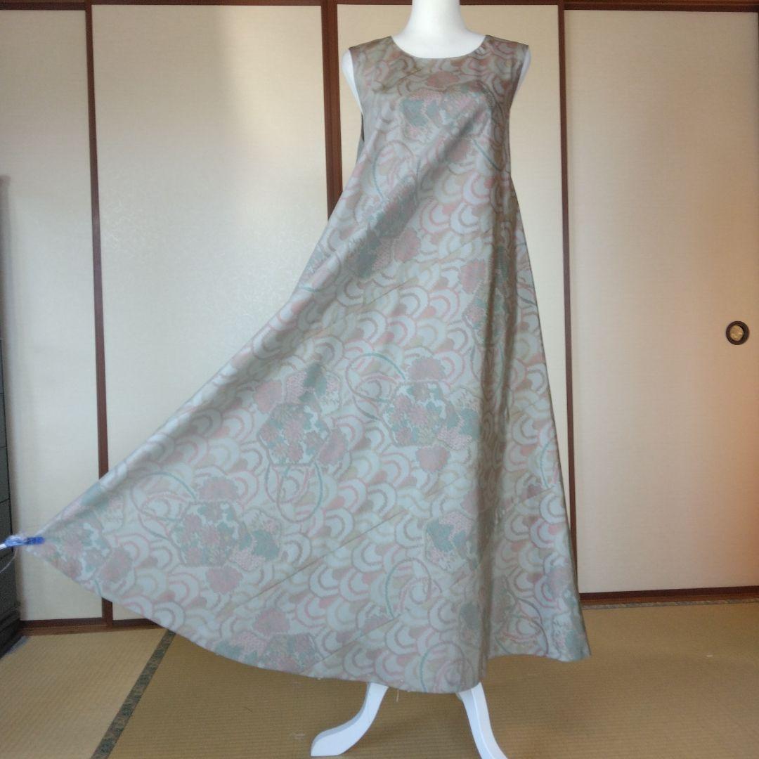 白大島紬解き生地からバイアス仕立てロングフレアーワンピース　Ｍ寸