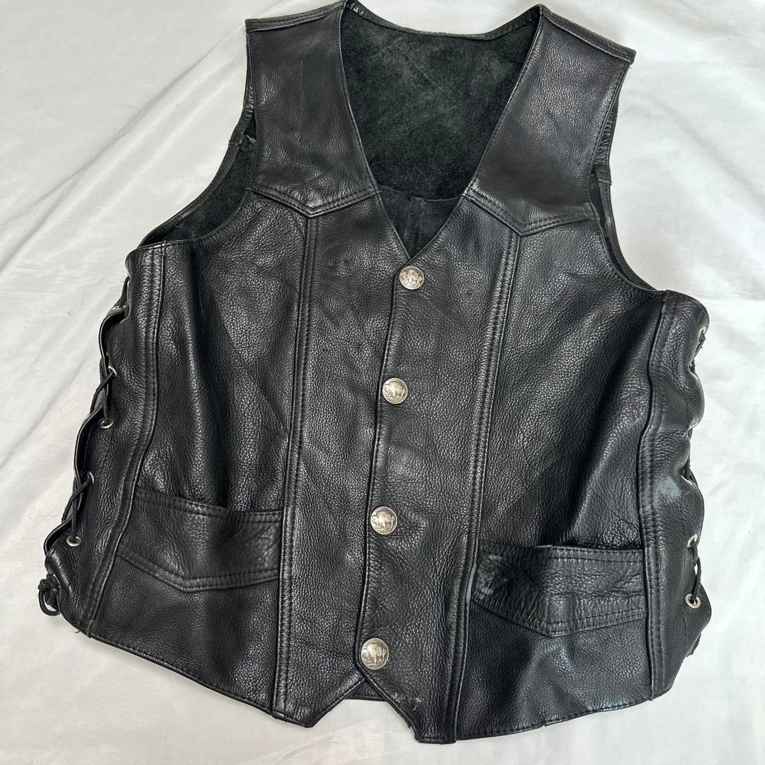 ヴィンテージ　L レザー 本革 サイドレースアップ ブラック レザーベスト