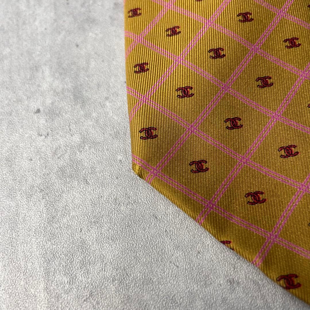 美品 CHANEL シャネル ココマーク 格子柄 ネクタイ ゴールド ブラウン