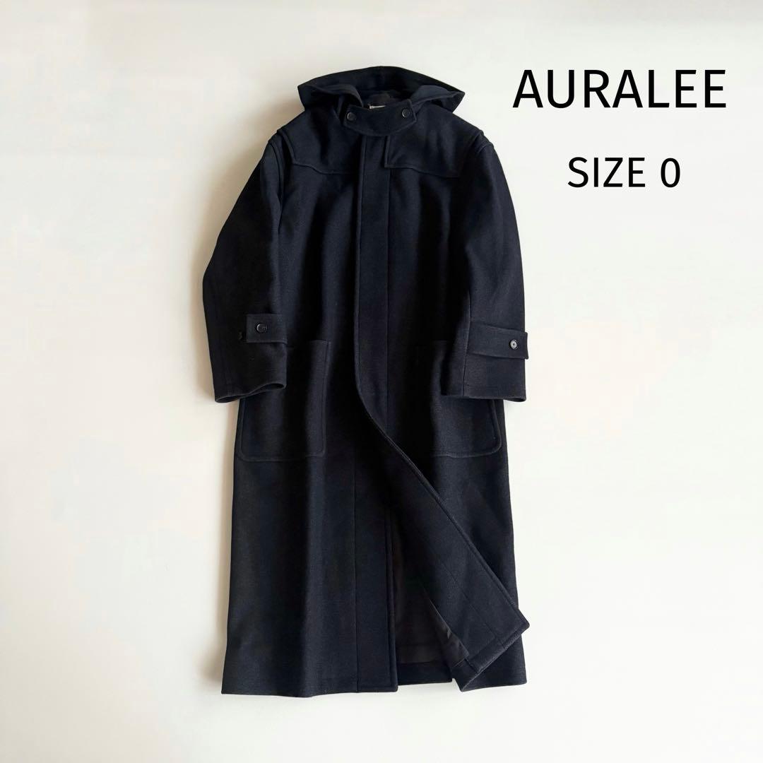 【オーラリー】ウールシルクメルトンロングダッフルコート フード付き ネイビー系