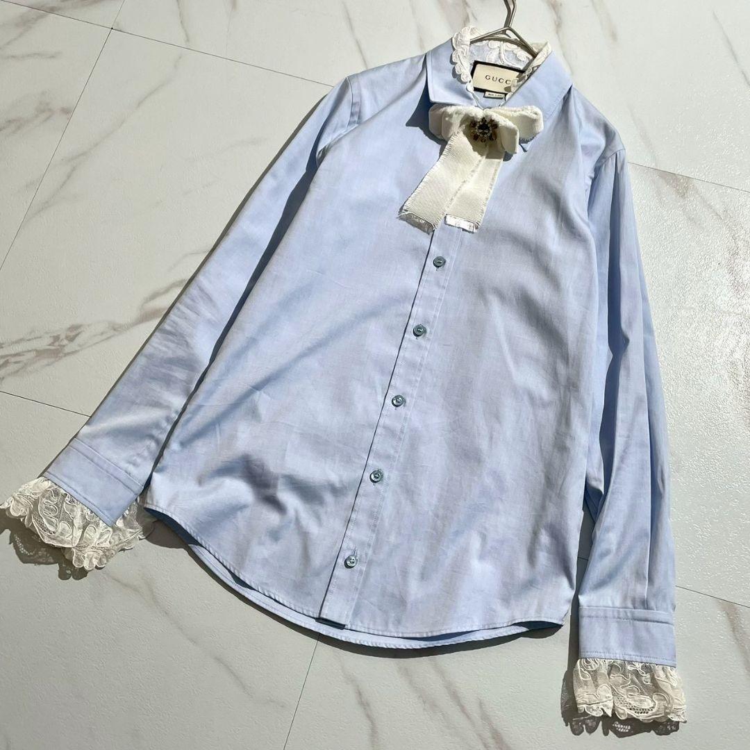 希少/リボンブローチ付き☆グッチ　長袖ブラウス　レース　38　イタリア製