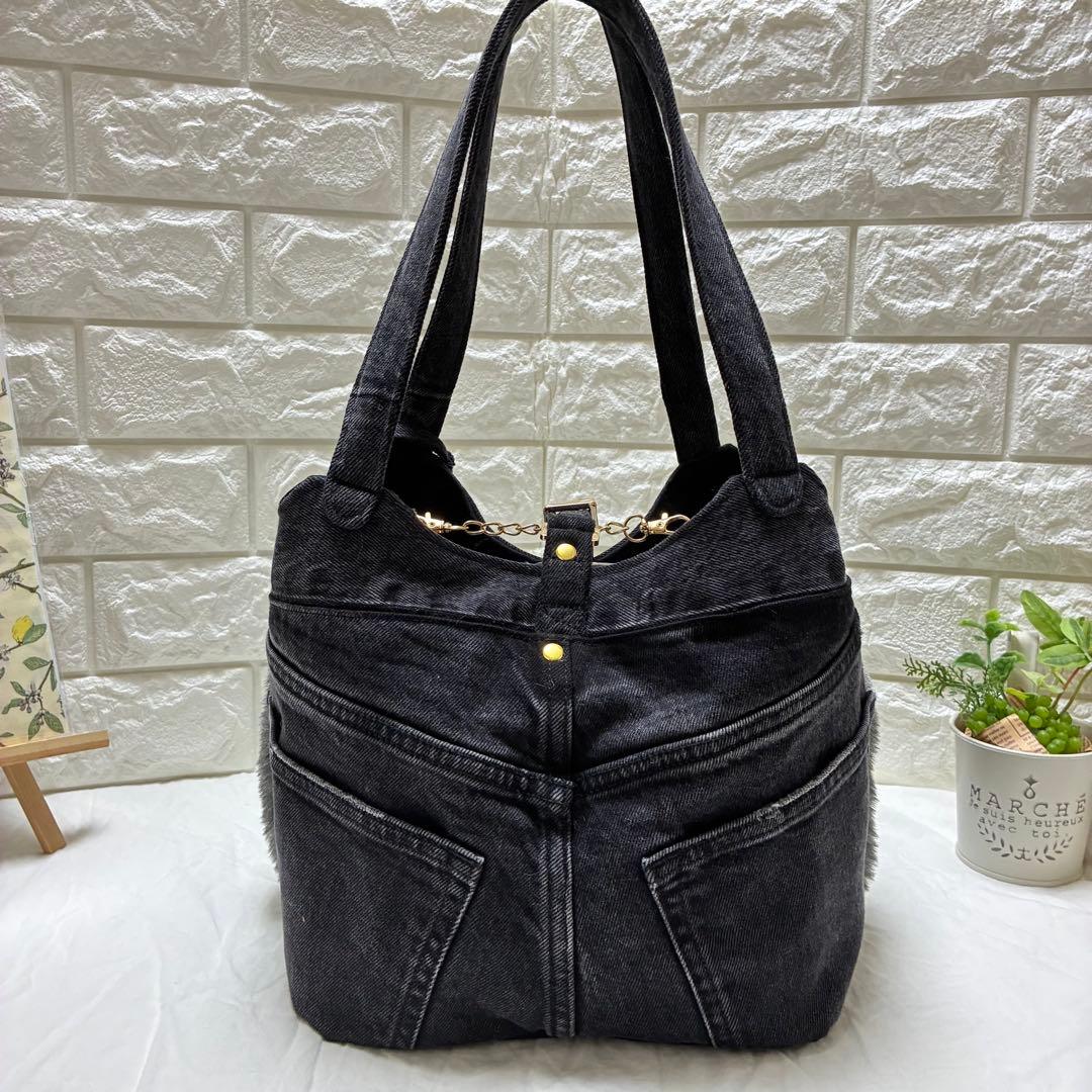 デニムリメイク　ハートキー付キューブバック　ファーとブラックデニム⭐︎横長タイプ