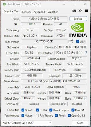 正常動作品 GIGABYTE GTX1650 4GB 補助電源不要モデル