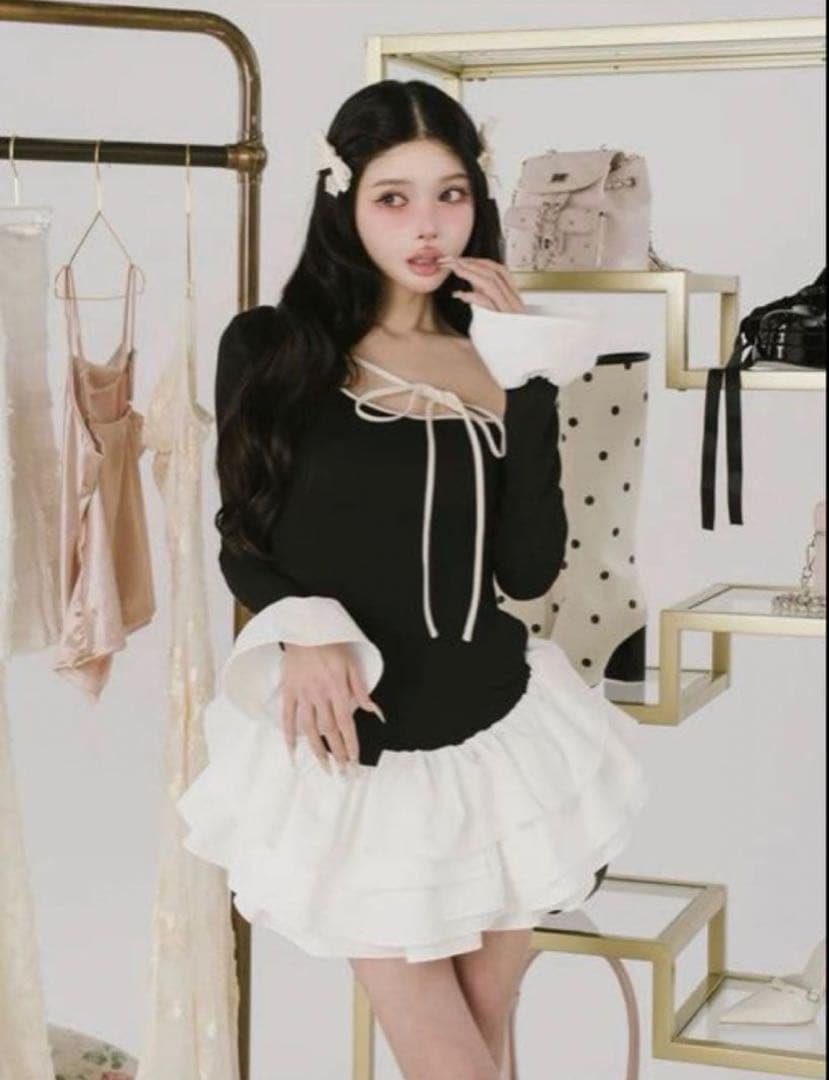 デザインネックリボンミニワンピ