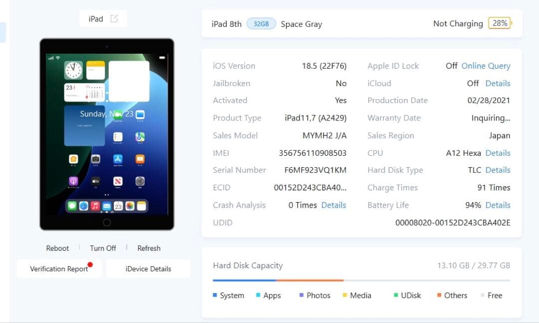 Apple Ipad 第8世代 SIM フリー、バテッリー容量94%