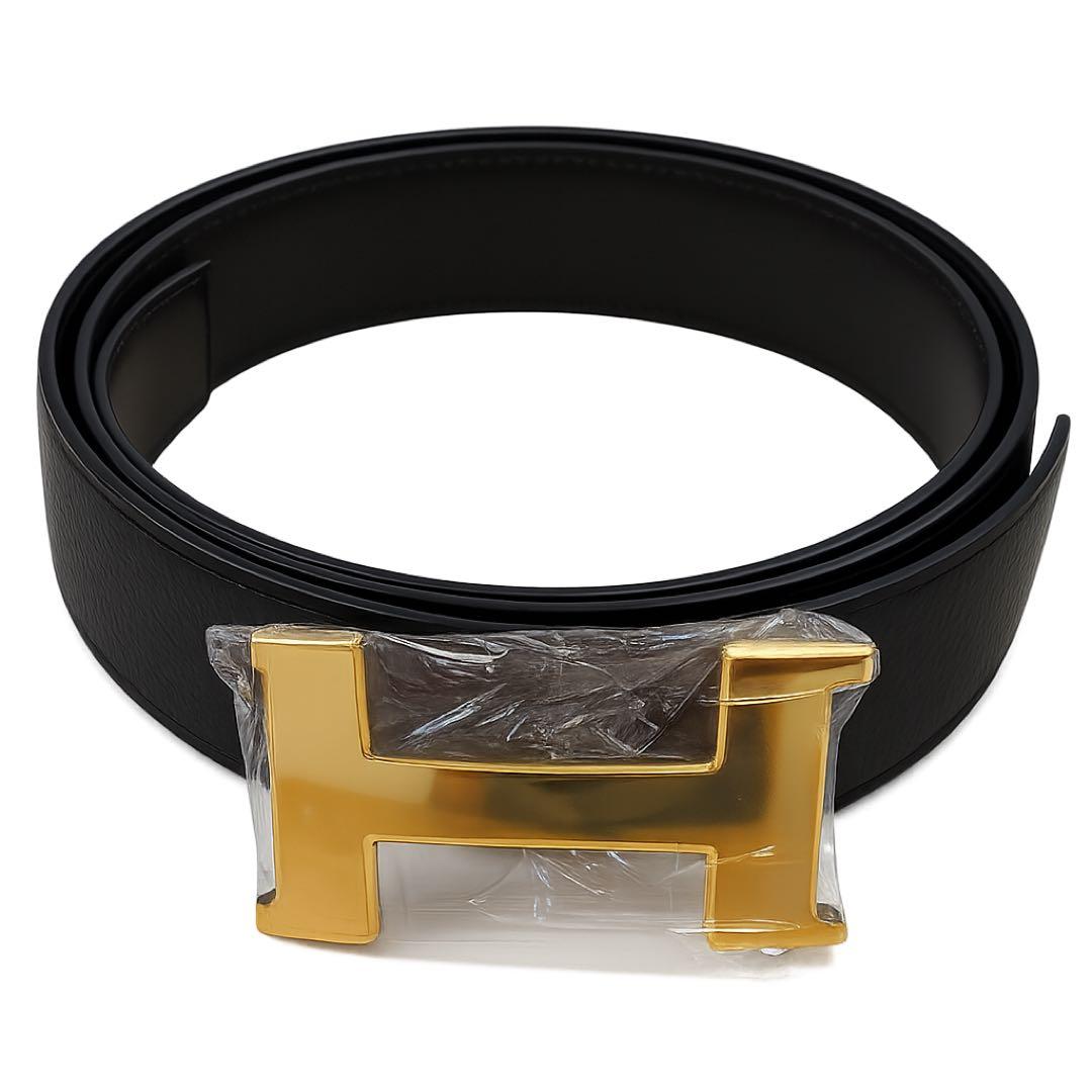 【新品未使用】ゴールドH型バックル メンズベルト ブラック