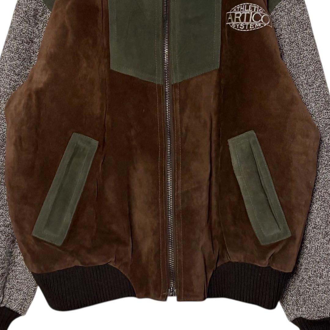 イタリア製 スエードレザージャケット 茶色×緑 XL 切り替えウールブルゾン