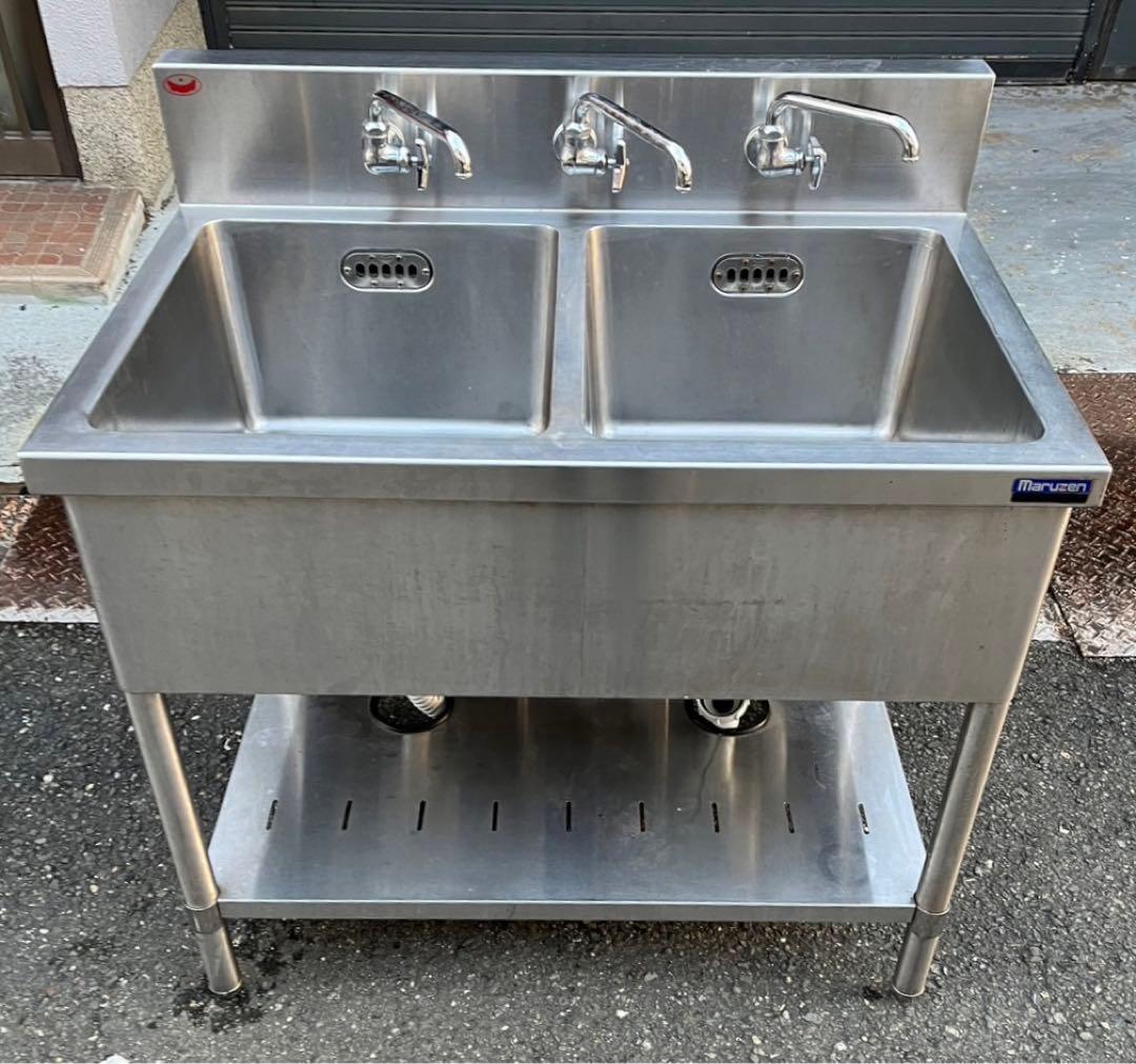 業務用 マルゼン 2槽シンク ３口蛇口付き 幅900×奥600×高さ800+BG
