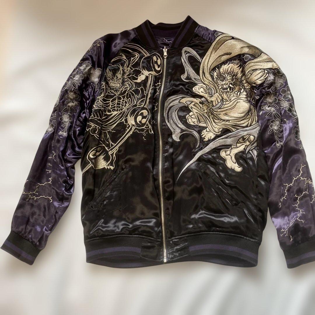 赤青　美品　絡繰魂　風神雷神　刺繍入りスカジャン 黒と紫　XL