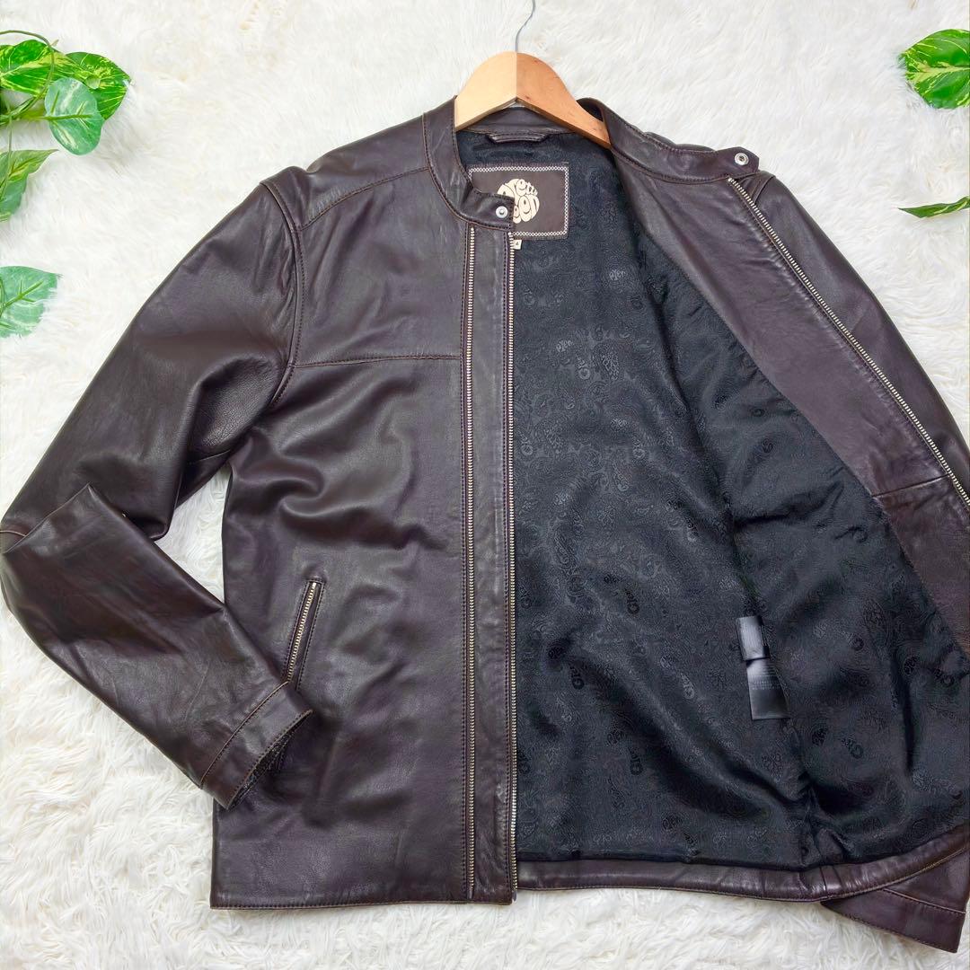 美品　プリティーグリーン　オールレザー　シングルライダース　XL　ブラウン