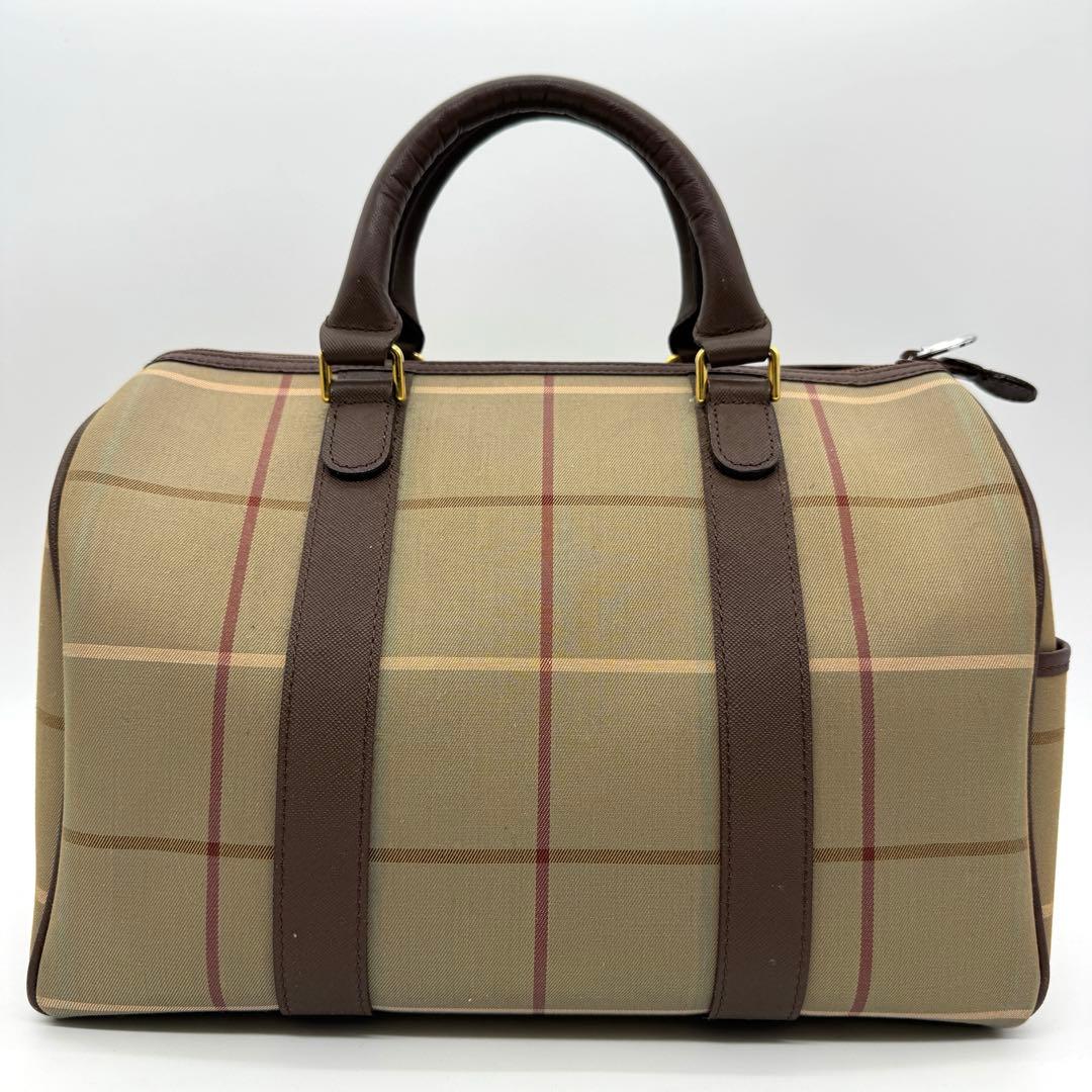 バーバリー ミニボストンバッグ ハンドバッグ トート レザー ファブリック 茶