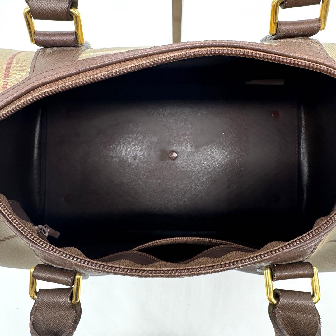 バーバリー ミニボストンバッグ ハンドバッグ トート レザー ファブリック 茶